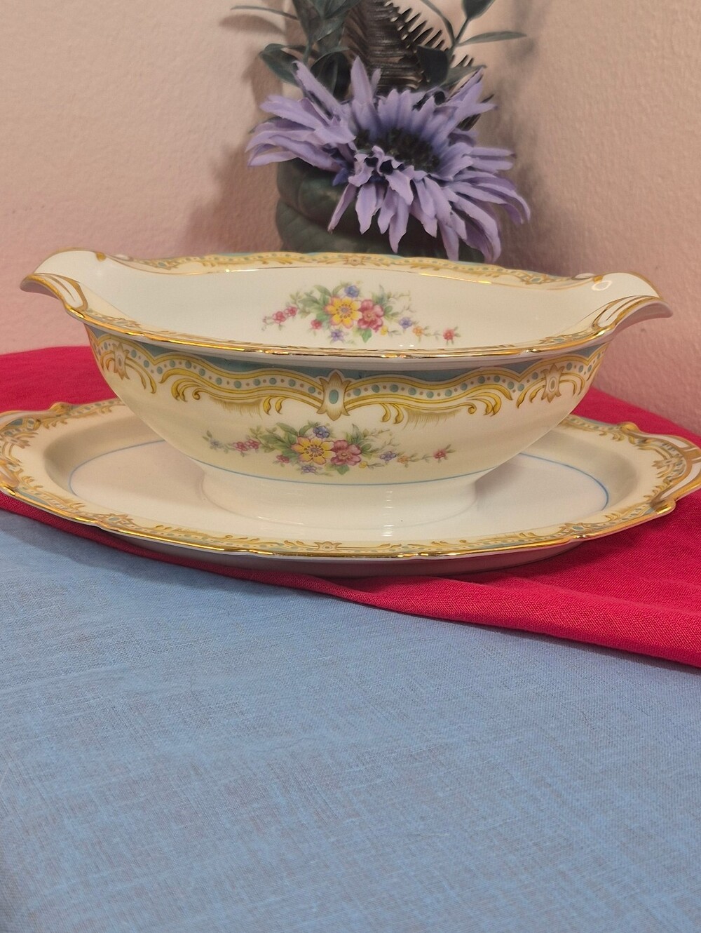 Vintage Noritake Lucine Gravy Boat with Attached Underplate Gold Trim